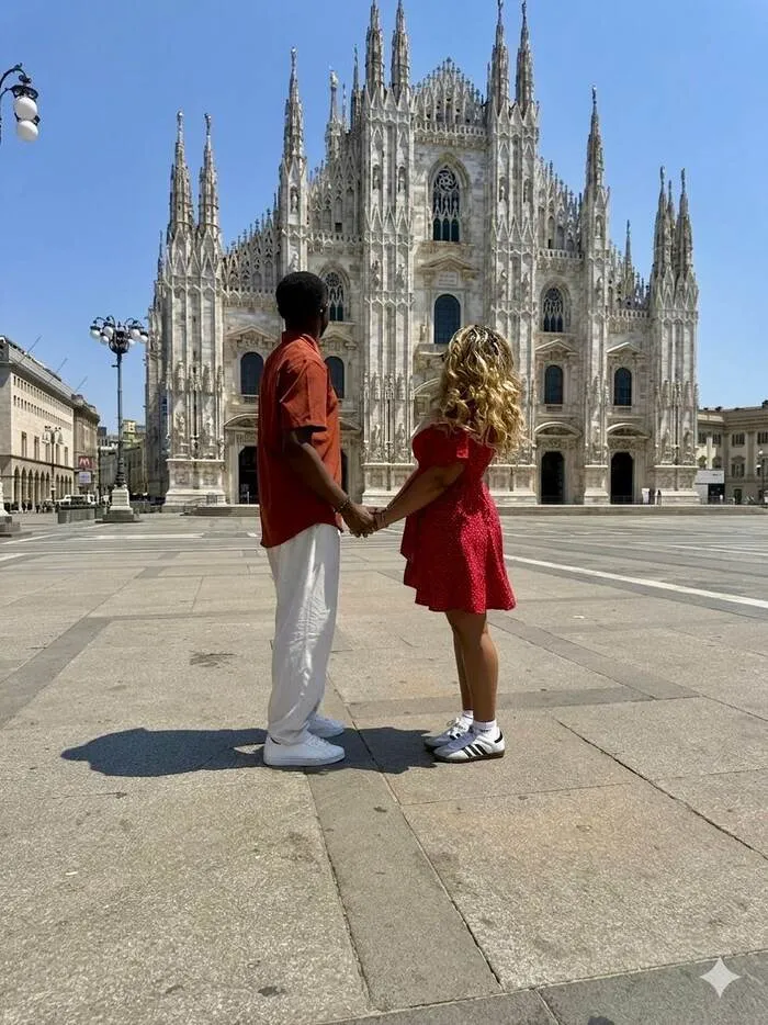Reine et Christian main dans la main devant le Duomo de Milan