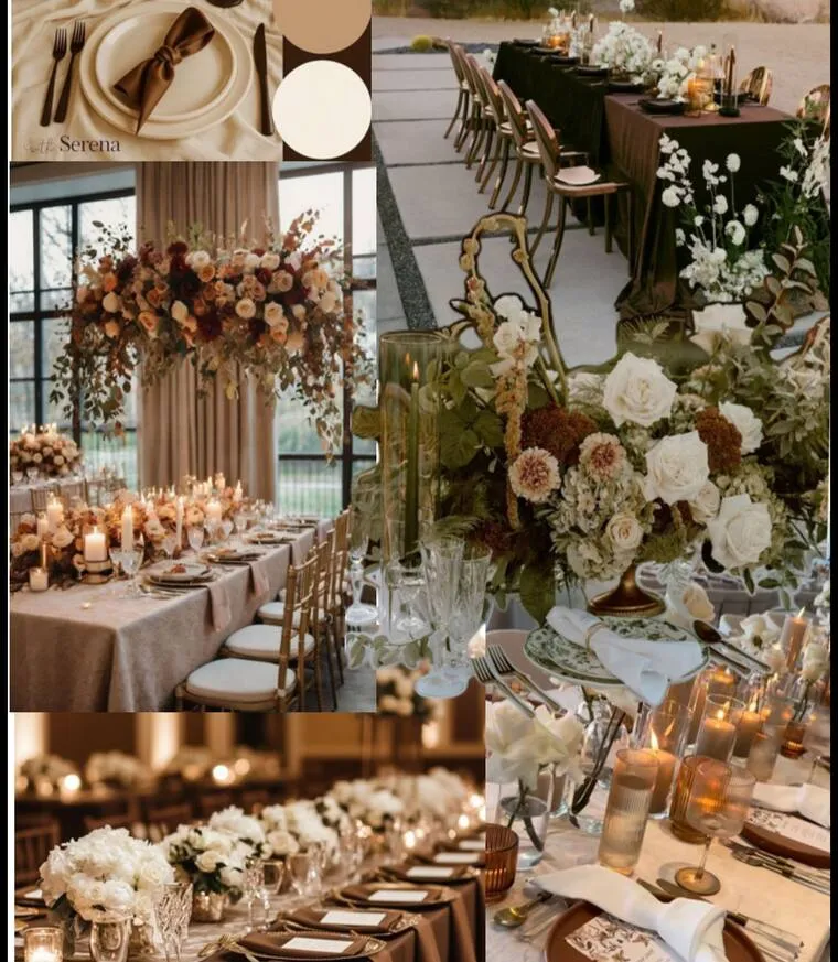 Décoration de table élégante aux tons chocolat et fleurs