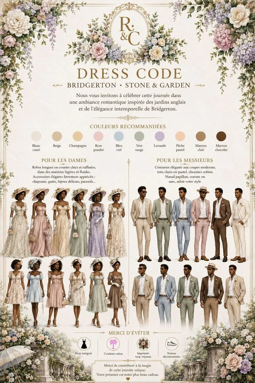 Dress code de la journée : tenues d'inspiration Bridgerton, jardins anglais — robes longues pastel pour les dames, costumes clairs pour les messieurs