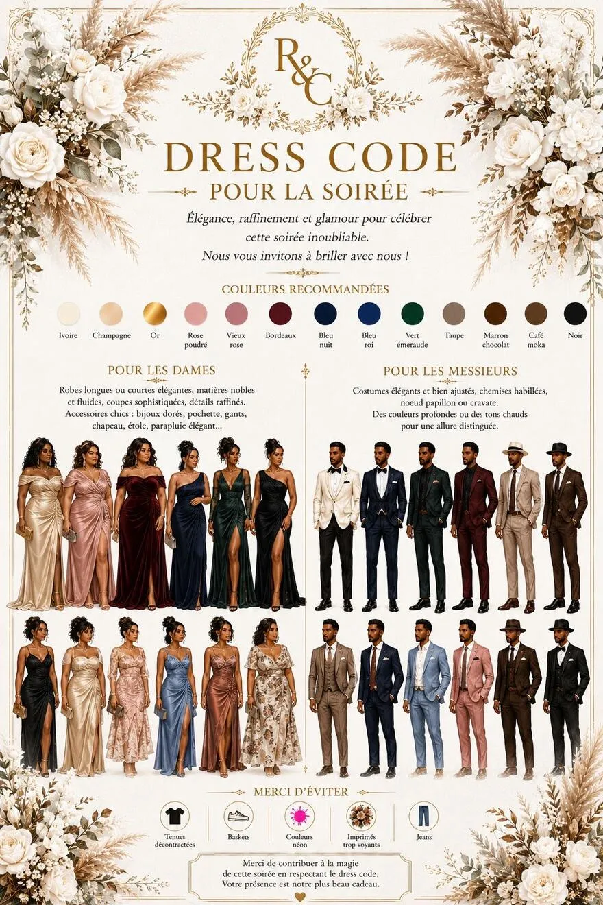 Dress code de la soirée : robes longues en matières nobles pour les dames, costumes élégants aux tons profonds pour les messieurs